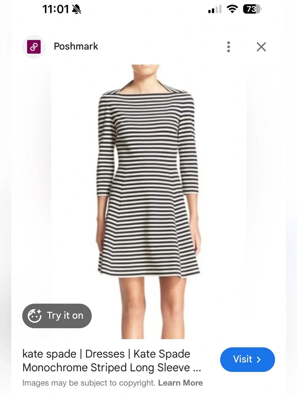 kate spade Black and White Striped Long-Sleeve Fit-and-Flare Dress